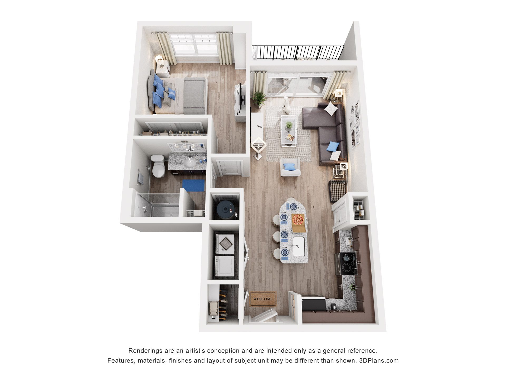 Floor plan for 1 bed, 1 bath, 687 sqft